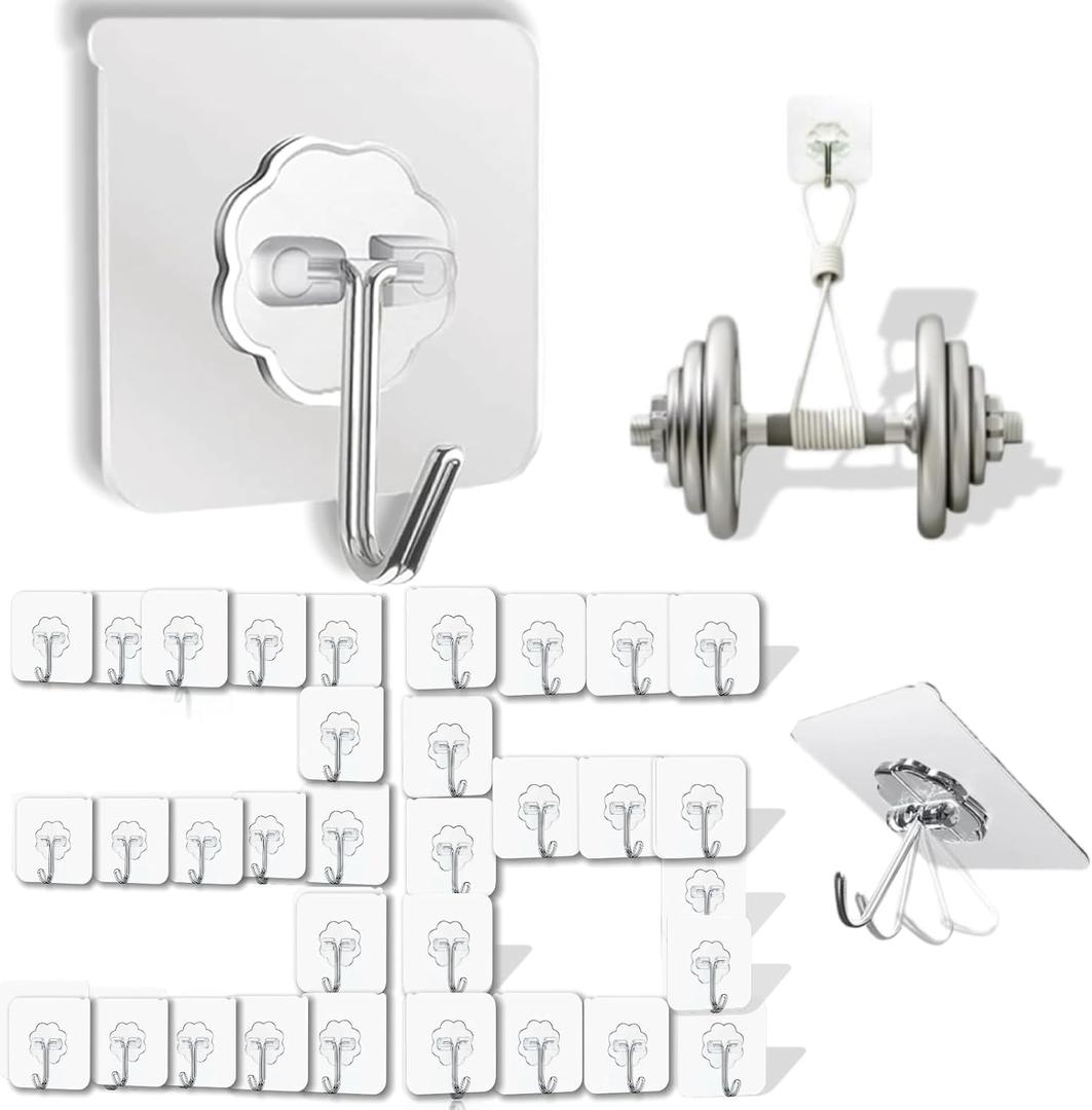 DDMY 36 Pack Heavy Duty Hooks Self Adhesive Large Hooks for Hanging,Wall Transparent Reusable Waterproof Hook for Kitchen Curtain Towel Hook for Bathrooms Coat Hook for Walls No Damage