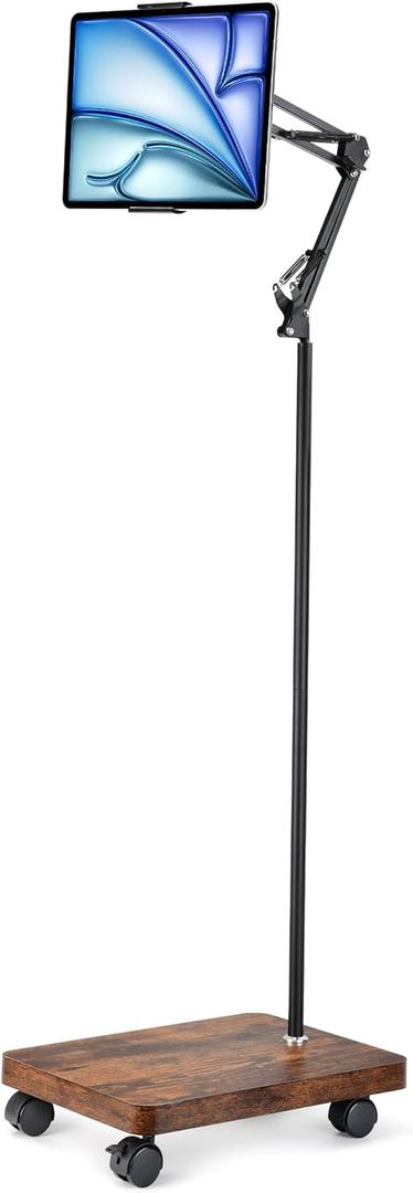HULISEN Tablet Floor Stand with Wheels, 5lb Wood Base Rolling Tablet Stand, Adjustable Height & Angle with 360 Rotatable Holder for Bed Couch, Compatible with iPad Cell Phone Kindle Tablets 4.713"