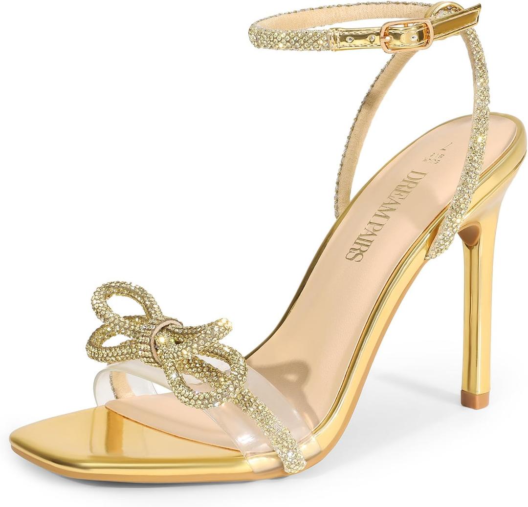 DREAM PAIRS Women's Double Bowknots Crystal Sandals Clear Slingback Heels Square Toe Shoes for Party Wedding (11, Gold-rhinestone)