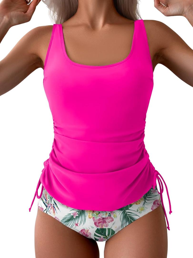 B2prity Tummy Control Tankini Swimsuit for Women Ruched Two Piece Bathing Suit Drawstring Swimwear with Bottom (Large, Hot Pink,printed)