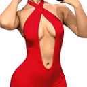 BEAUDRM Women's Sexy Club Outfits Backless Rompers Rave Date Night Cut Out Criss Cross Halter Shorts Party Jumpsuits (Solid Red, Medium)