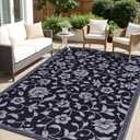 OLANLY Waterproof Outdoor Rug 5x8 ft, Outdoor Plastic Straw Rug with Flower Pattern, Reversible RV Mat for Patio, Camping, Balcony, Deck, Backyard, Black & Grey