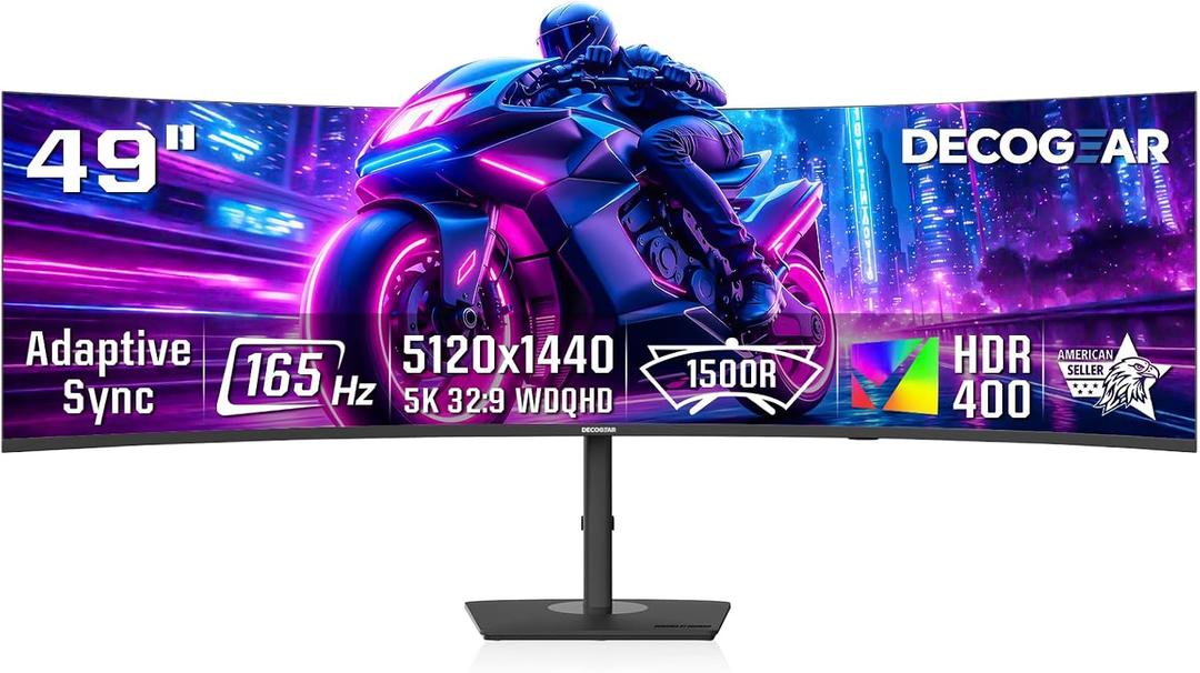 Deco Gear 49" Curved Ultrawide DQHD Monitor, 5120×1440 165Hz 1500R, USB-C 65W KVM, HDR Adaptive Sync, Dual HDMI 2.1, DP 1.4, Speakers, Ergonomic, American Seller