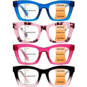 4 Pack Progressive Multifocus Reading Glasses for Women Men Blue Light Blocking Readers with Spring Hinge