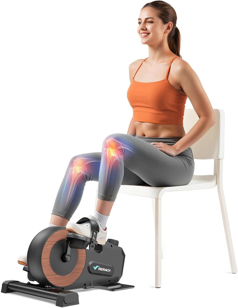 Under Desk Bike Pedal Exerciser, Quiet Magnetic Mini Exercise Bike with MERACH App for Arm, Leg Recovery, Physical Therapy, Smooth Foot Desk Cycle with 2 Resistance Bands & Non-Slip Mat (Wood Grain & Black)