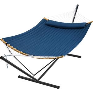 SUPERJARE Curved-Bar Hammock with Stand, 2 Person Heavy Duty Hammock Frame, Detachable Pillow & Portable Carrying Bag, Perfect for Outdoor & Indoor, Navy Blue