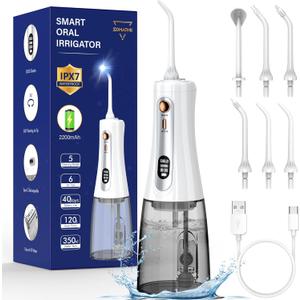 350ML Water Flossers for Teeth - OLED Display Powerful Electric Cordless Water Flosser with 5 Modes 6 Jet Tips, Portable Cordless Water Dental Flosser IPX7 Waterproof Oral Irrigator for Home Travel (White)