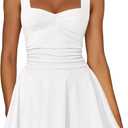 IWD Women's Square Neck Sleeveless Mini Dress Ruched Waist Tiered Ruffle Hem A Line Short Dresses M