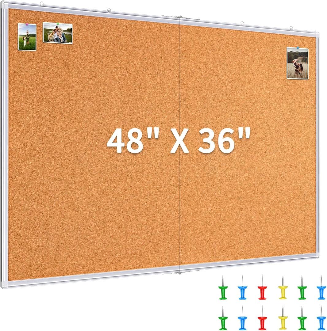 maxtek Large Cork Board 48 x 36 in, Bulletin Board for Walls, 4'x 3' Extra Aluminum Framed Corkboard, Foldable Wall Mounted Pin Memo Notice Cork Board for Office, Home Wall Display, 48x36 Inches Silver