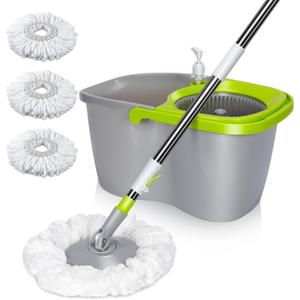 MASTERTOP Mop and Bucket with Wringer Set, Spin Mop Cleaning System with 3 Mop Pads,Spinning Mop Bucket for Floor Cleaning, 50.4" Extended Handle (Gray + Green)