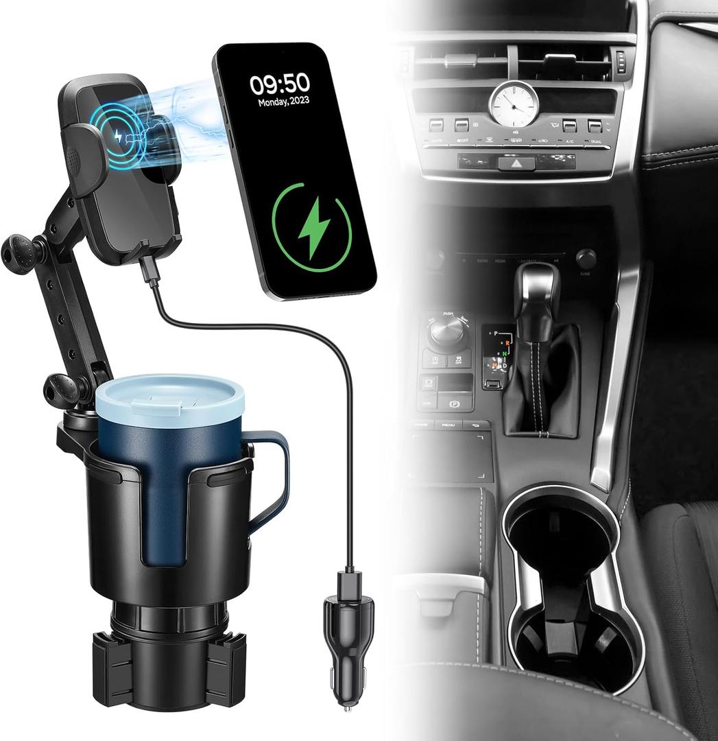 This Hill Cup Holder Phone Charger, 15W Fast Charging Auto Clamping, Phone Holder for Cup Holder Charger with Adjustable Base & 360 Rotation Compatible for All Smartphones(with Car Adapter)