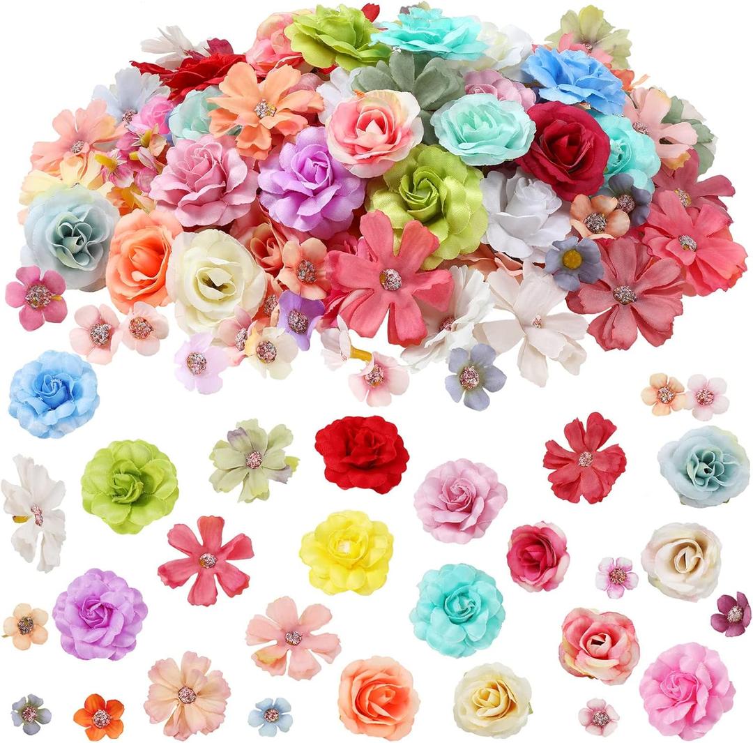 Hoteam 300 Pcs 300 Pcs Faux Flower Heads Silk Artificial Plum Blossom Heads DIY Fake Mini Flowers Assorted Silk Decorative Daisy Roses Craft Supplies for Wedding Party Wreath (Elegant) (Elegant)
