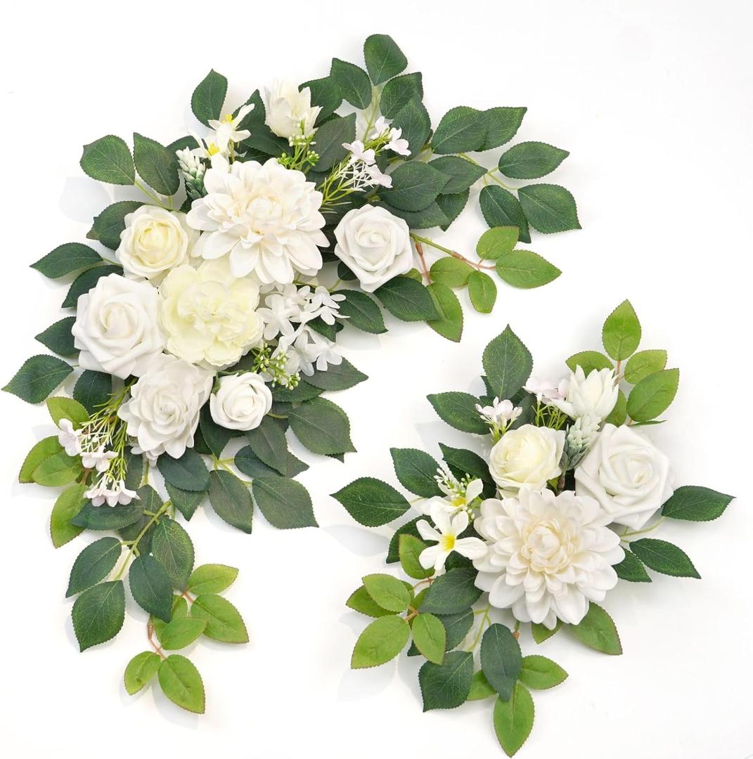 Wedding Decor (Pack of 2) Welcome Sign Flower Backdrop Garland for Ceremony Reception Wall Easel Home Decoration Entryway Faux Outdoor Board Head Table Decor (White)