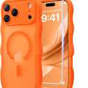 3 in 1 Magnetic for iPhone 17 Pro Max Case, Cute Wavy [Full Camera Protection][Fit for MagSafe] 1X Screen Protector+1X Wrist Strap, AntiSlip Trendy Women Girly Case for iPhone 17 Pro Max 6.9", Orange