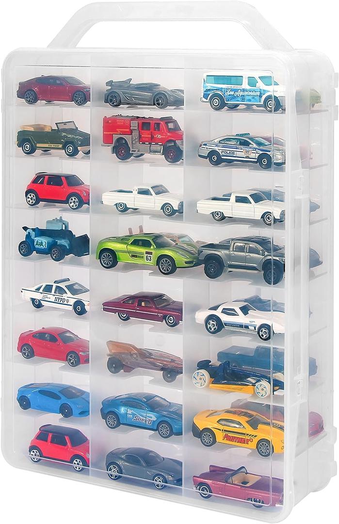 Double Sided Storage Case for 48 Toy Cars, Matchbox Cars, Portable Transparent Storage Case with 48 Compartments, Case Only (Transparent)