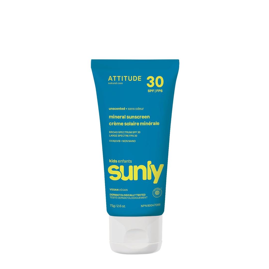 ATTITUDE Mineral Sunscreen for Baby and Kids, EWG Verified, Broad Spectrum UVA/UVB, Dermatologically Tested, Plant and Mineral-Based Formula, Vegan, SPF 30, Unscented, 2.6 Oz (2.6 Ounce (Pack of 1))