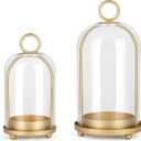 Versatile Metal Candle Holder Set with Handmade Glass Dome,Antique Brass Pillar Candle Stand, 5.2" & 4.1" Wide for Tabletop or Hanging, Industrial & Farmhouse Decor