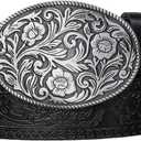 Western PU Leather Cowboy Cowgirl Belt for Men & Women - Vintage Flower Buckle Embossed Leather Belts for Jeans Pants