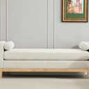 KEIKI Oversize Boucle Bench Ottoman with 2 Bolster Pillows & Wood Legs, Upholstered End of Bed Daybed Seating, Foot Rest Stool Furniture for Bedroom, Living Room, Entryway, Ivory Natural (Large-66.34"W)