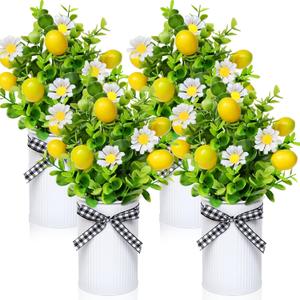4 Pack Lemon Mason Jar Table Centerpiece, Artificial Lemon Home Centerpieces Fake Lemon Daisy Plants with Faux Leaves for Summer Wedding Farmhouse Office Kitchen Bathroom Dining Table Centerpiece