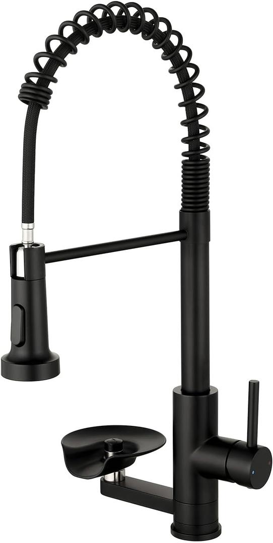 Kitchen Faucet with Cup Washer Pull Down Sprayer Stainless Steel Kitchen Sink Faucet with Deck Plate Glass Rinser Single Hole Black 3307R
