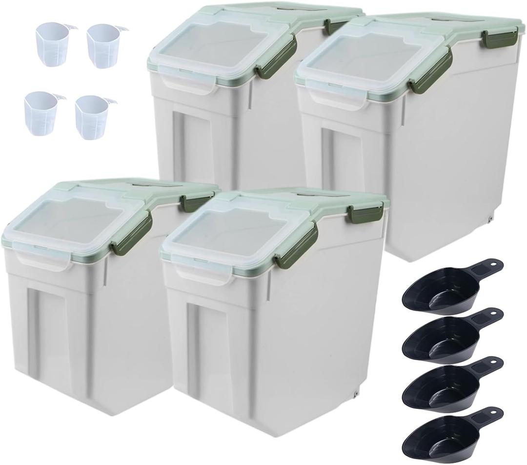 Large Flour Storage Container Bin 25lb, 4Pack Airtight Rice Storage Containers with Wheels Seal Locking Lid, BPA Free with Measuring Cup&Scoop for Flour, Rice, Grain(Green)