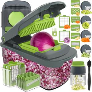 Ourokhome Veggie Chopper and Dicer with Container, Manual Hand Food Mandolin Slicer with 4 in 1 Handheld Vegetable Spiralizer for Zucchini, Potato, Onion, Essential Kitchen Gadgets (12 in 1, Gray) (Green)