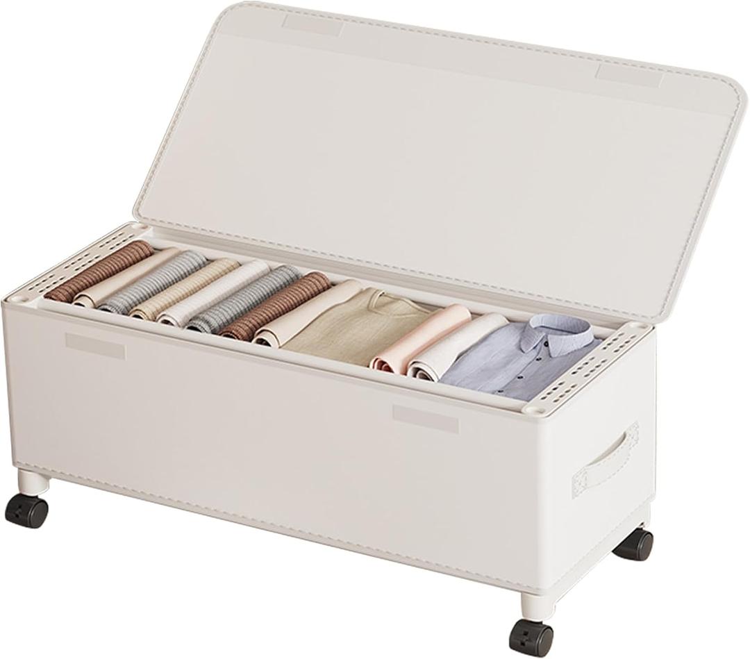 65L Under Bed Storage with Wheels, Adjustable Underbed Storage Bins, Foldable Dustproof Storage Container, 30.3×11.4×11.8 Inch Organizer for Clothes, Shoes, Blankets and Household Sundries (white)