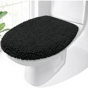 OLANLY Soft Chenille Bathroom Toilet Lid Cover, Machine Washable Seat Covers, 17.5x15, Stays in Place Rubber Backing, Fits Most Round, Elongated and Oblong Lids, Accessories Decor, Black