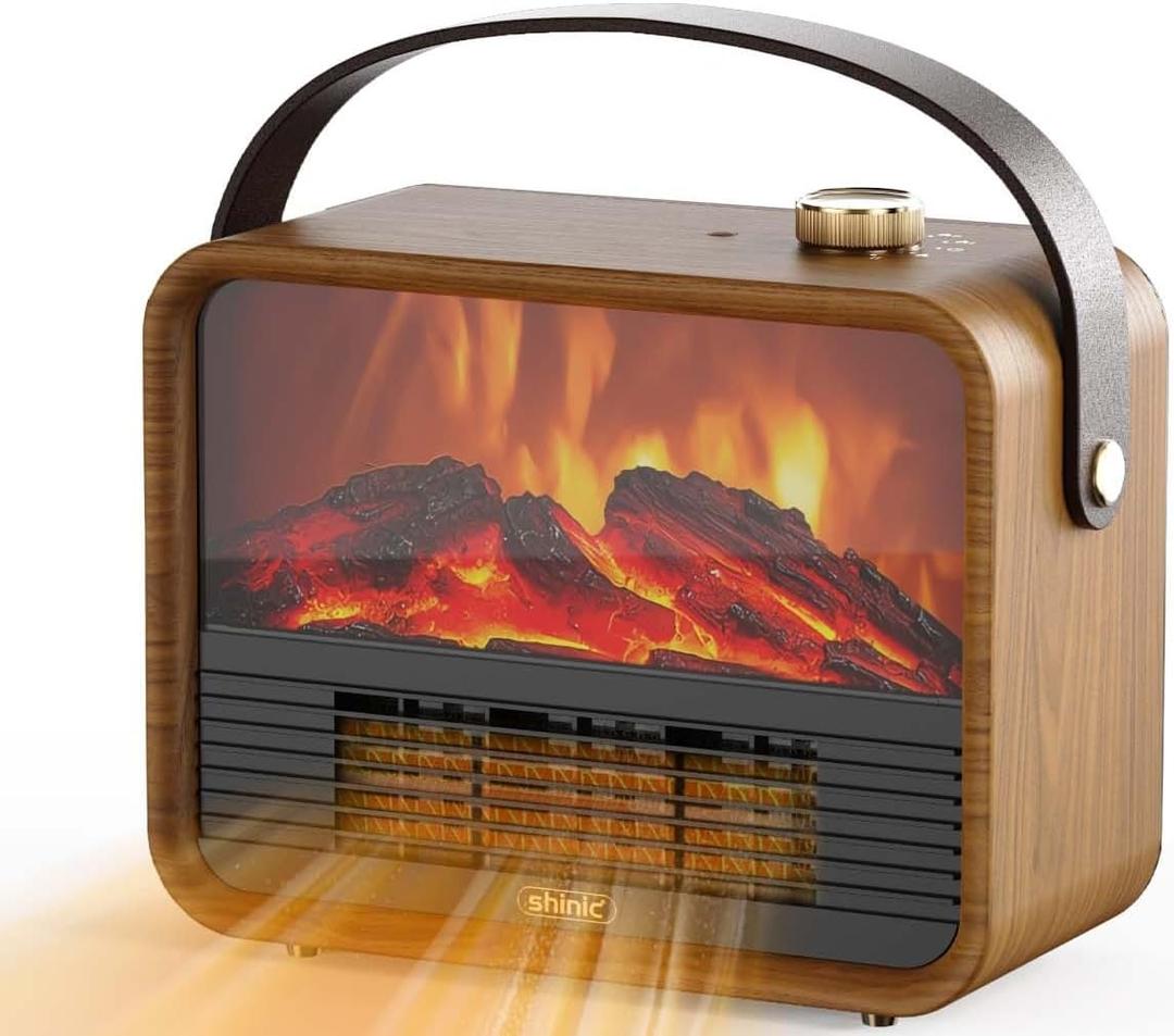 Shinic Portable Small Electric Fireplace Heater, 1500W/ 750W Space Heater Fireplace Indoor with 3D Flame, Overheat Protection, Tip-Over Safety Switch, Ideal for Living Room Bedroom Office RV, Walnut