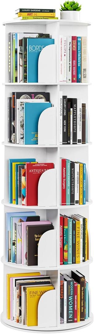 SpaceAid 5 Tier Rotating Bookshelf Tower, Spinning Bookcase Lazy Susan, Revolving 360 Book Shelf Storage Round Carousel, Vertical Rotate Turning Spiral Corner Organizer, White, 5 Tier, 62.2" H
