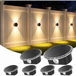 Ellasay Solar Fence Lights Outdoor: 360 Circular Lighting Solar Powered Wall Lights 12 Hours Long Runtime Up and Down Waterproof IP65 & 3 Modes High Brightness LED Focus Lens for Fence/Yard - 6 Pack