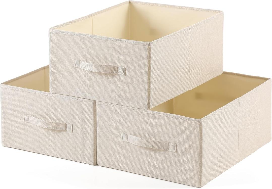 Linen Folding Storage Bins, 3 Pack Large Storage Baskets, Washable, Clothing Storage Bins with Handle, Closet Organizer for Storage Sweater,Sheets(Beige, 18"x13"x8")