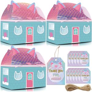 HOMEZZO 12 Pcs Cat House Themed Party Favor Boxes with Tags and Twine, Cute Gradient Design for Kids' Birthdays and Baby Showers