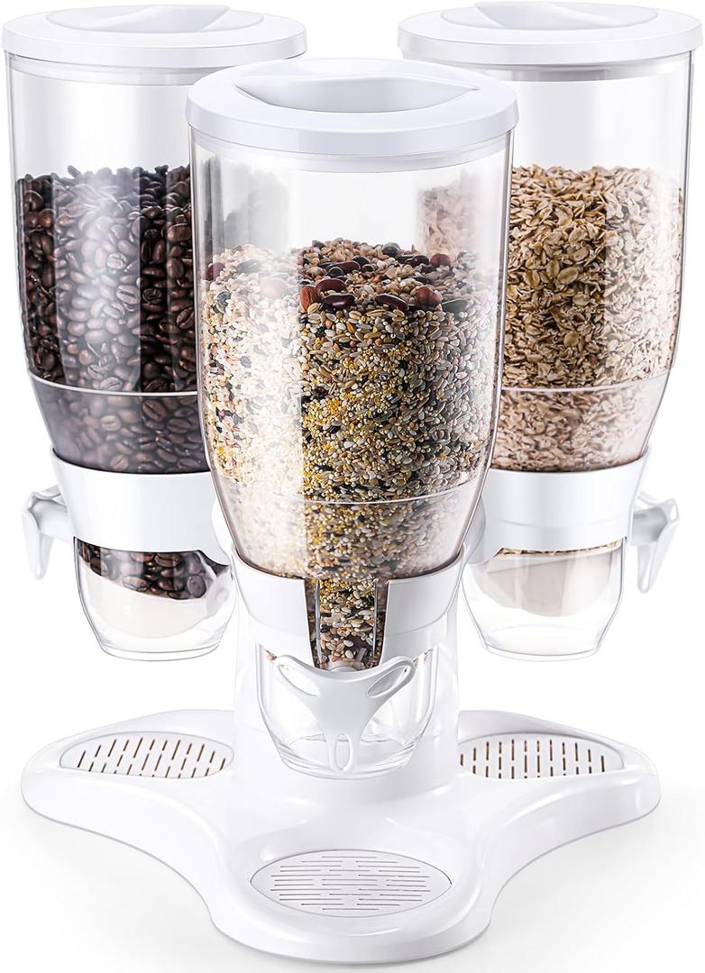 3 x 3L Capacity Candy Dispenser Countertop Rotatable Triple Cereal Countertop for Coffee Shop Food Dispenser for Candy Nut Pasta Grains Kitchen Oatmeal Pet Snacks Home(White)