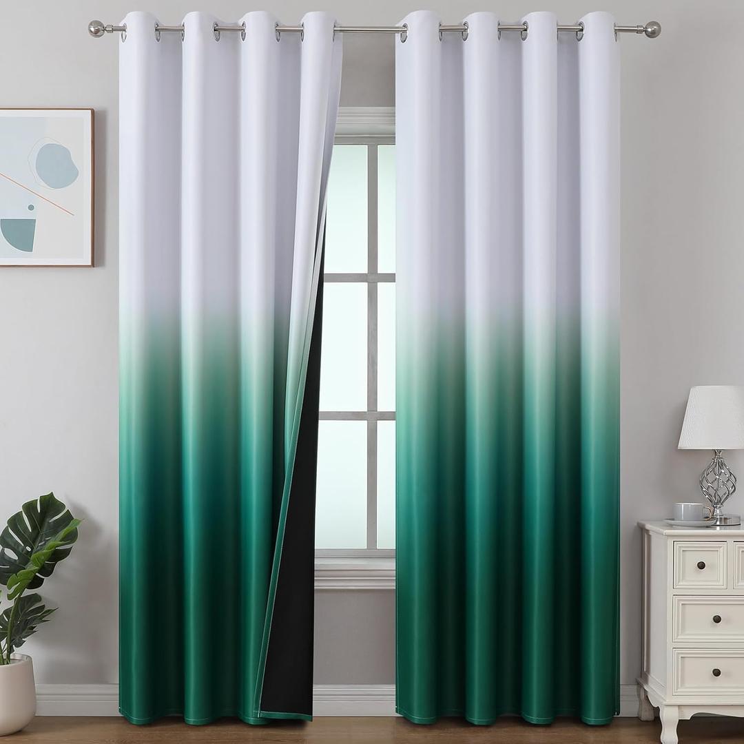 Estelar Textiler Green and Greyish White 96 Inch Long Blackout Curtains for Bedroom, Full Room Darkening Thermal Insulated Ombre Grommet Drapes for Living Room, 52x96 inch, 2 Panels