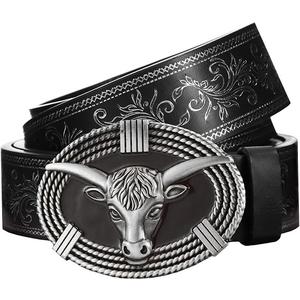 PARTTELY Western Cowboy Belts for Men Women, Western Belt with Bull Buckle, Country Belt Cowboy Leather Belt for Jeans, Size: for 32-38" waist
