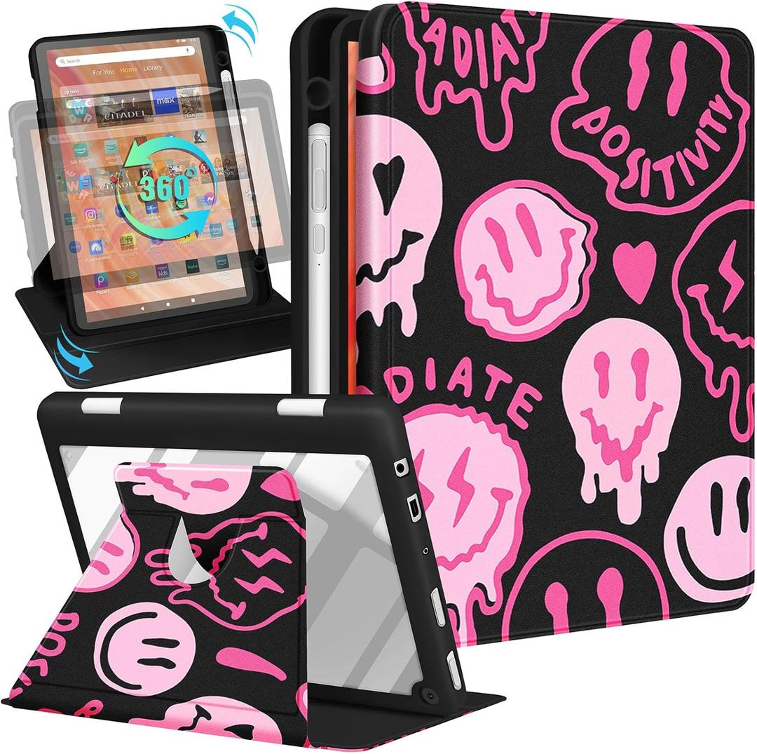 Kidcube for Kindle Fire HD 10/10 Plus Tablet Case - 13th/11th Generation (2023/2021) 10.1" Women Girls Teen Cute Fun Cool Design Rotating Stand Pencil Holder Folio Cases for Amazon Fire HD 10/10 Plus (2-Pink Face)