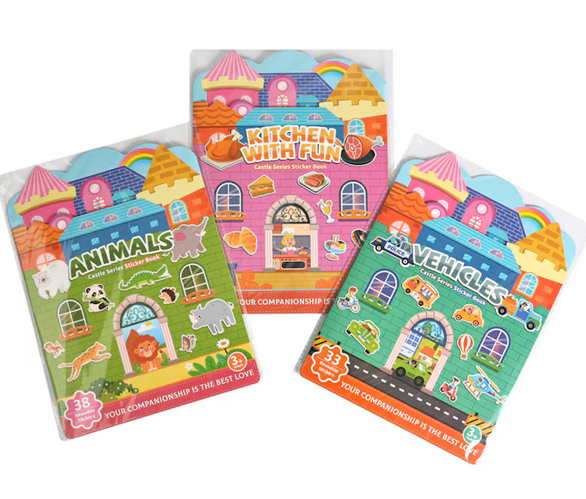 Set of 3 Educational Books with Reusable Stickers, Animals, Sports, 1-4 years, Safe, Multicolor