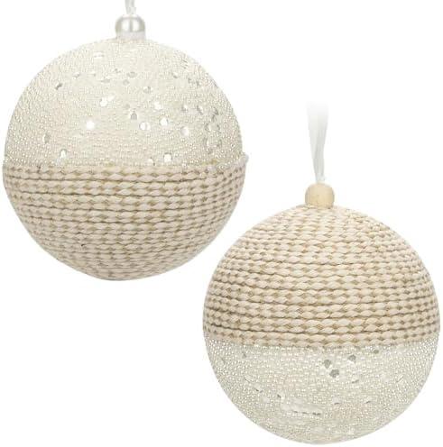 Briful 5.9'' Christmas Ball Ornaments Xmas Trees Decorations, 2PCS Small White Pearl and Textured Weaving Extra-Large Christmas Hanging Balls for Xmas Garland Wreath Mantle Decor