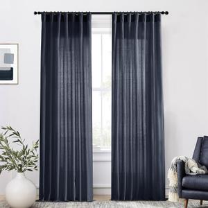 XTMYI Indigo Blue Curtains 108 Inches Long for Living Room 2 Panels Set Back Tab Hook Pleat Linen Extra Long Sheer Curtain Drapes for Dining Room, Total Wide 100 x 108 Inch Length, Dark Navy