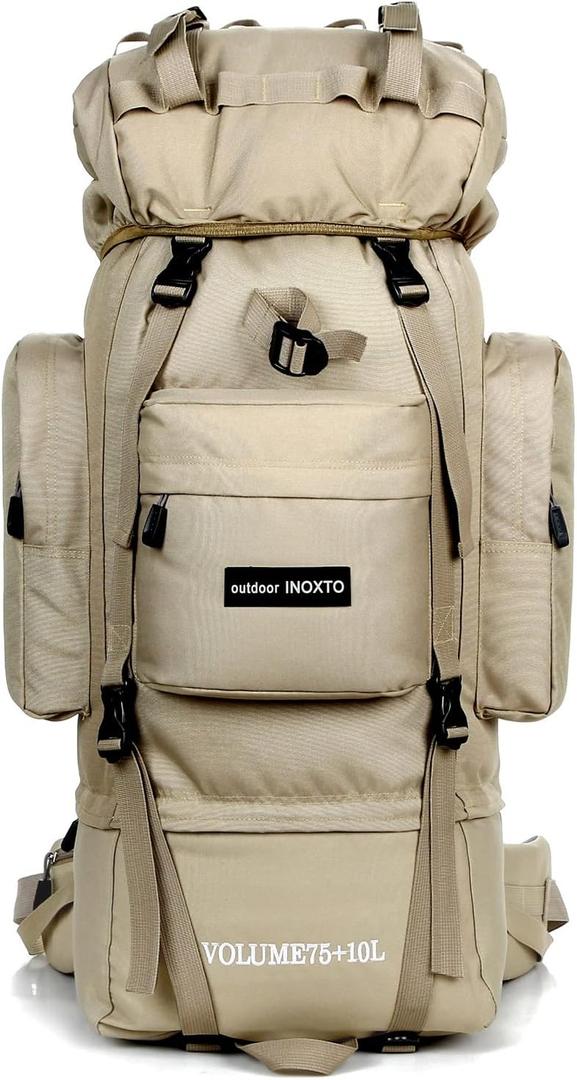 IX INOXTO 85L Lightweight Internal Frame Hiking Backpack for Men Women, Waterproof Travel Camping Backpack with Rain Cover (Khaki)