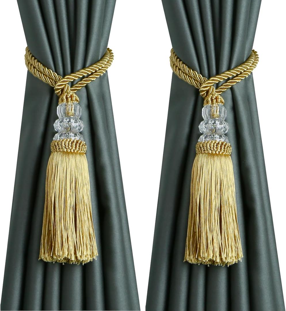 Curtain Tiebacks with Tassel, Outdoor Elegant Decorative Curtain Holdback,Modern Rope Window Curtain Ties Backs for Draperies 2 Pack (2, Gold)