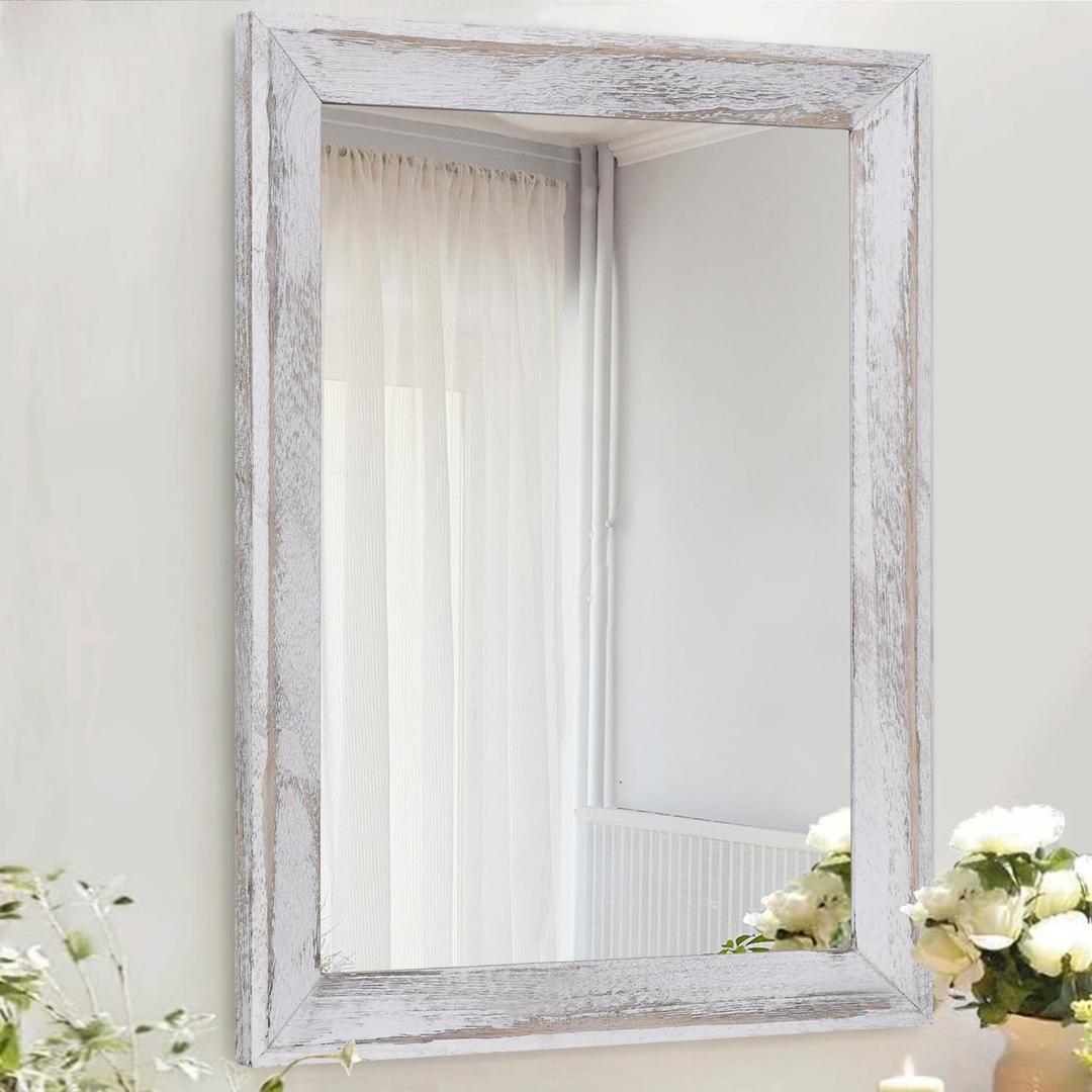 AAZZKANG Mirrors for Wall Rustic Wood Framed Hanging Mirror 28"x20" Decorative for Farmhouse Bedroom Bathroom Living Room Entryway Hallway White