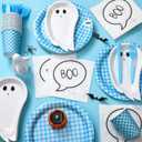 Yungyan 144 Pcs/24 Set Halloween Paper Plates and Napkins Boo Ghost Plates Blue Cups with Forks and Knife Halloween Party Tableware Set for Spooky Birthday Party Decoration Boo Baby Shower