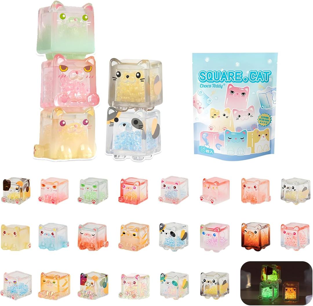 Glow in The Dark Figure, Square Cat Series Blind Box (5 Figures per Box) Random Style Action Figure Cute Blind Bag Collectible Toys - Mini Figures Mystery Box for Cat Lovers Birthday Gift & Desk Decor
