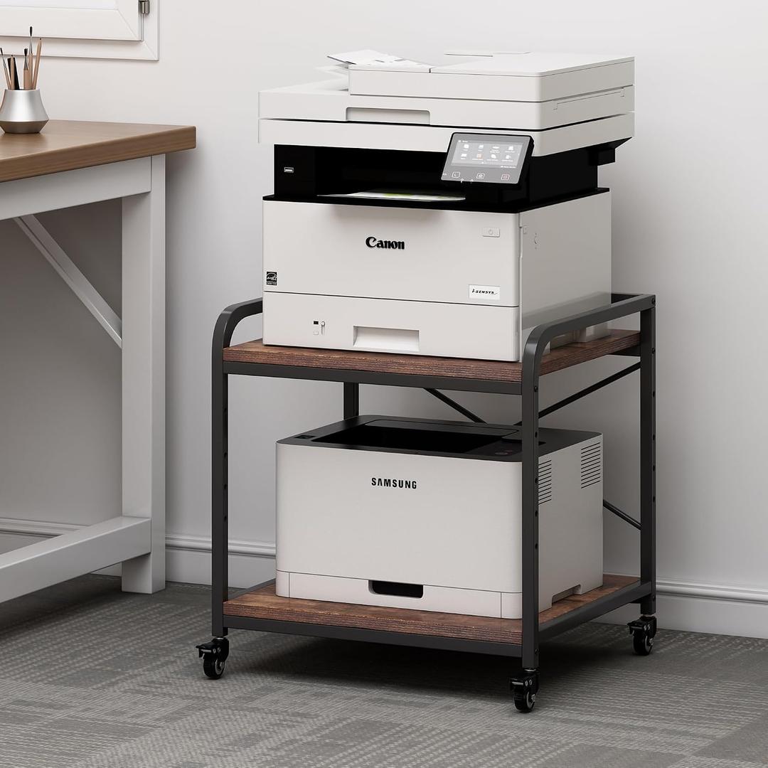 Fannova Under Desk Printer Stand, 20 Inches Deep Large Printer Table with Height Adjustable Storage Shelf, 2 Tier Rolling Printer Cart with Wheels for Home Office - Rustic Brown