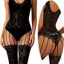 2Pcs Women Fishnet Bodysuit,Mesh Lace Body Stockings for Women with Funny Thong,Sexy Lingerie Bodysuit Party Rave Outfits