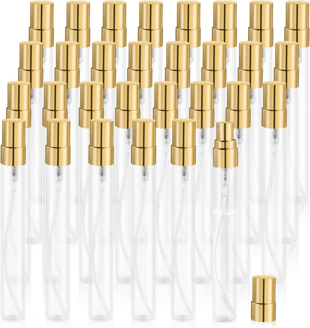 30 Pcs 10ml/0.34oz Mini Spray Bottle Glass Fine Mist Perfume Atomizer Empty Sample Containers with Golden Lids for Travel Cleaning Essential Oils