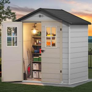 DWVO 6x4.4 FT Outdoor Storage Shed, Plastic Garden Tool Shed with 2 Windows, Double-Wall Outside Shed for Lawn Mower, Garden Tool for Backyard, Patio, Lawn, Lockable, Greige & Gray
